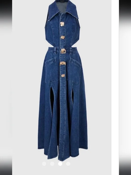 Denim Maxi Skirt-Style Jeans with High Slits - Blue - Picture 3 of 3